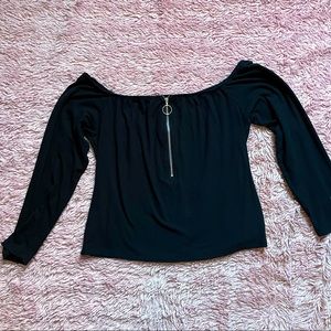 Off the Shoulder Ribbed Zip-Up Long Sleeve Top